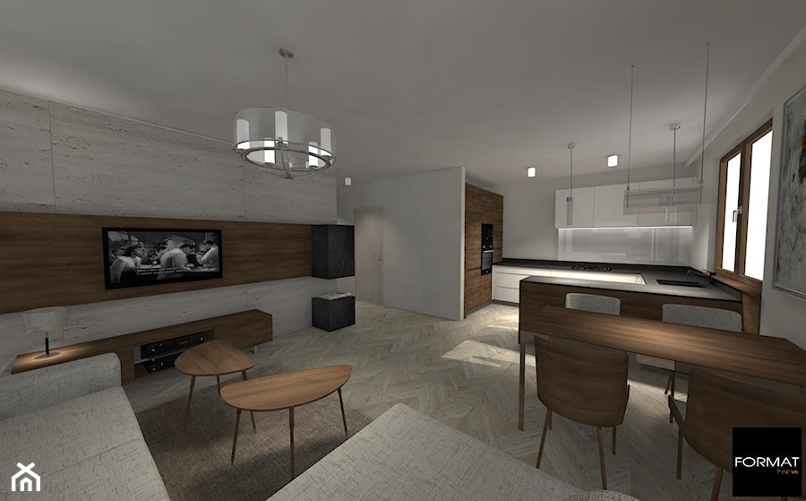 Mieszkanie adwokatów - Duży biały szary salon z kuchnią z jadalnią - zdjęcie od Studio FORMAT HOME