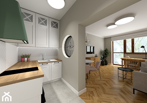 Mieszkanie przy krakowskich Błoniach - Średnia otwarta beżowa biała z zabudowaną lodówką z nablatowym zlewozmywakiem kuchnia w kształcie litery l, styl nowoczesny - zdjęcie od Studio FORMAT HOME