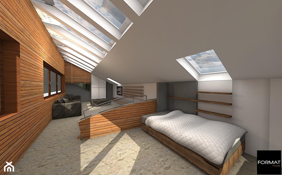 Pokoje dzieci rajdowca - Duża biała szara sypialnia na poddaszu - zdjęcie od Studio FORMAT HOME