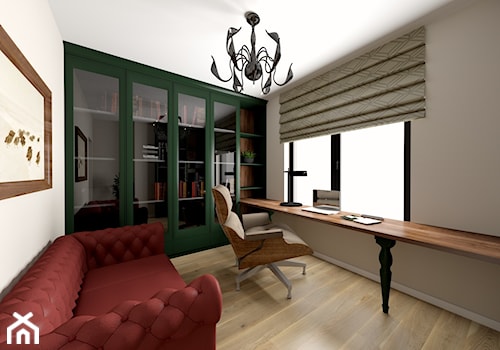 Dom pod Wieliczką 2019r. - Średnie w osobnym pomieszczeniu z sofą z zabudowanym biurkiem beżowe białe biuro, styl tradycyjny - zdjęcie od Studio FORMAT HOME