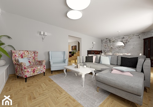 Dom na Prądniku Białym - Duży biały szary salon z jadalnią, styl prowansalski - zdjęcie od Studio FORMAT HOME