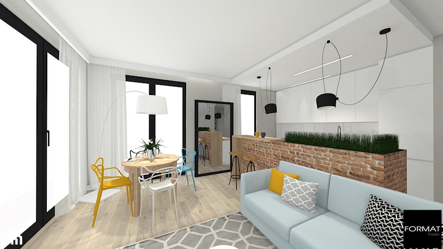 Mieszkanie na Ruczaju - Średni biały salon z kuchnią z jadalnią z tarasem / balkonem - zdjęcie od Studio FORMAT HOME