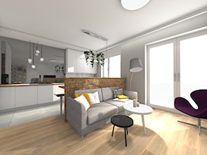 Projekt mieszkania w Krakowie - Mały szary salon z kuchnią z jadalnią - zdjęcie od Studio FORMAT HOME