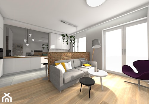 Projekt mieszkania w Krakowie - Mały szary salon z kuchnią z jadalnią - zdjęcie od Studio FORMAT HOME