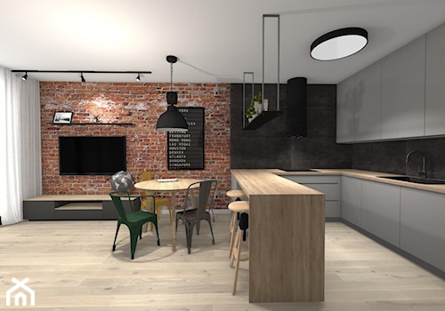 Mieszkanie podróżników - Duży szary salon z kuchnią z jadalnią - zdjęcie od Studio FORMAT HOME