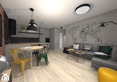 Mieszkanie podróżników - Duży szary salon z kuchnią z jadalnią - zdjęcie od Studio FORMAT HOME