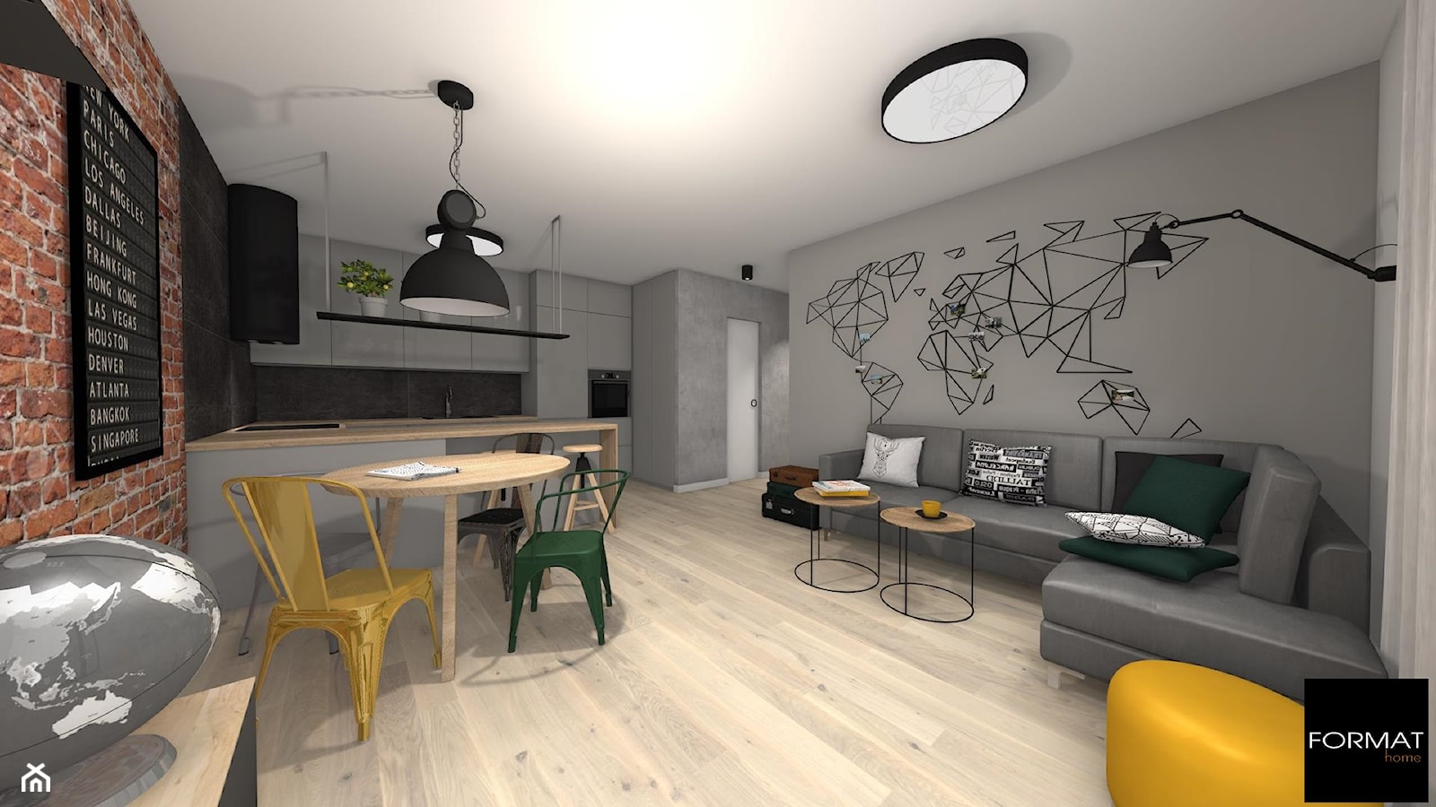 Mieszkanie podróżników - Duży szary salon z kuchnią z jadalnią - zdjęcie od Studio FORMAT HOME - Homebook