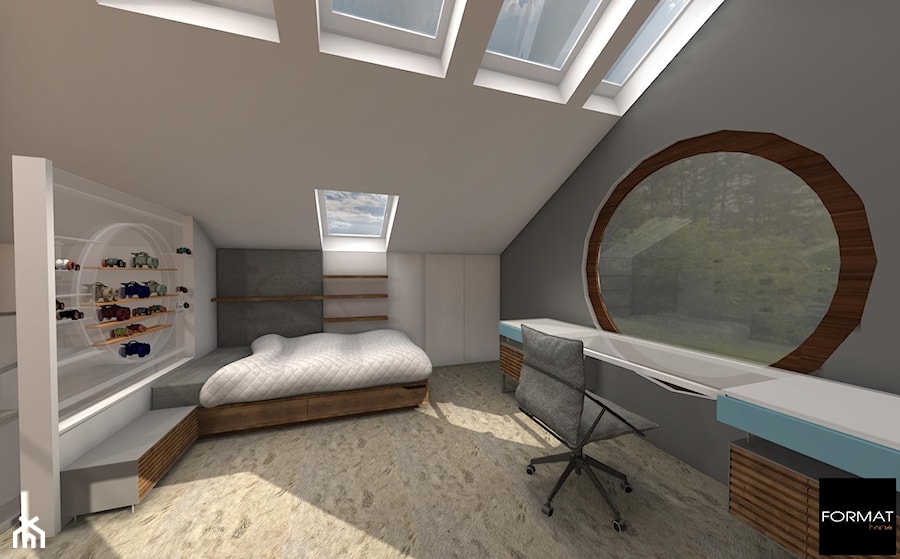 Pokoje dzieci rajdowca - Średnia biała szara sypialnia na poddaszu - zdjęcie od Studio FORMAT HOME