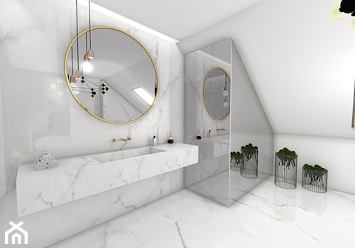 Łazienka glamour - Duża na poddaszu z lustrem z marmurową podłogą z punktowym oświetleniem łazienka z oknem - zdjęcie od Studio FORMAT HOME