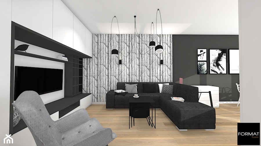 Mieszkanie black & white - Mały czarny szary salon z jadalnią - zdjęcie od Studio FORMAT HOME