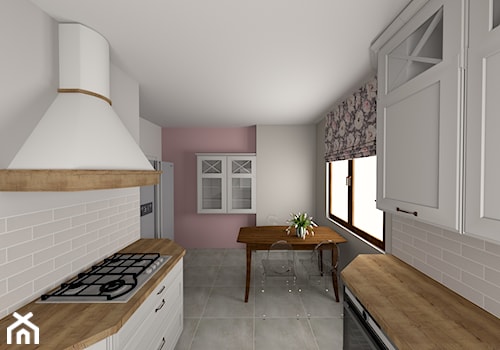 Kuchnia w stylu prowansalskim - Średnia beżowa biała różowa z zabudowaną lodówką z lodówką wolnostojącą kuchnia dwurzędowa z oknem, styl prowansalski - zdjęcie od Studio FORMAT HOME