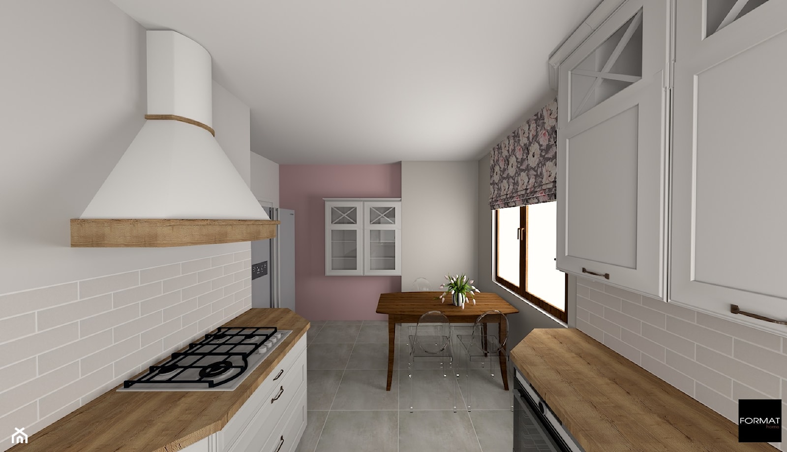 Kuchnia w stylu prowansalskim - Średnia beżowa biała różowa z zabudowaną lodówką z lodówką wolnostojącą kuchnia dwurzędowa z oknem, styl prowansalski - zdjęcie od Studio FORMAT HOME - Homebook