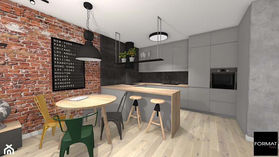 Mieszkanie podróżników - Średnia otwarta czarna szara z zabudowaną lodówką z nablatowym zlewozmywakiem kuchnia w kształcie litery u - zdjęcie od Studio FORMAT HOME