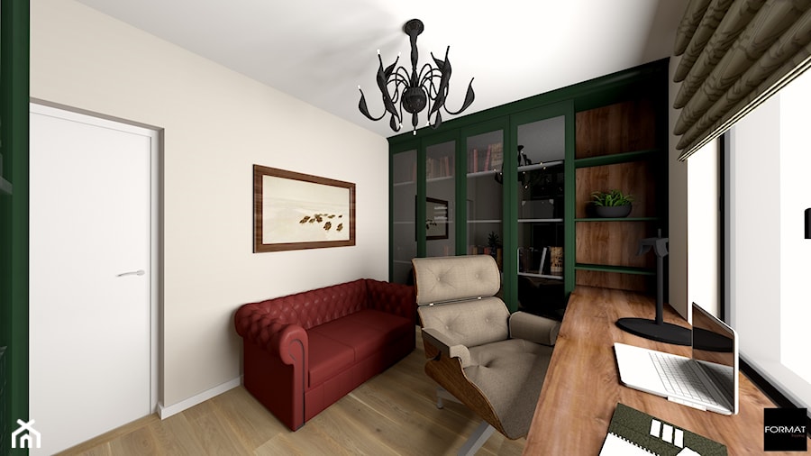 Dom pod Wieliczką 2019r. - Średnie w osobnym pomieszczeniu z sofą z zabudowanym biurkiem beżowe białe biuro, styl tradycyjny - zdjęcie od Studio FORMAT HOME