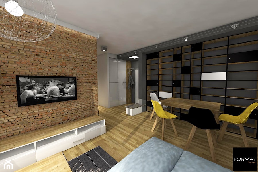 Apartament w Katowicach - Średni szary salon z jadalnią z bibiloteczką - zdjęcie od Studio FORMAT HOME