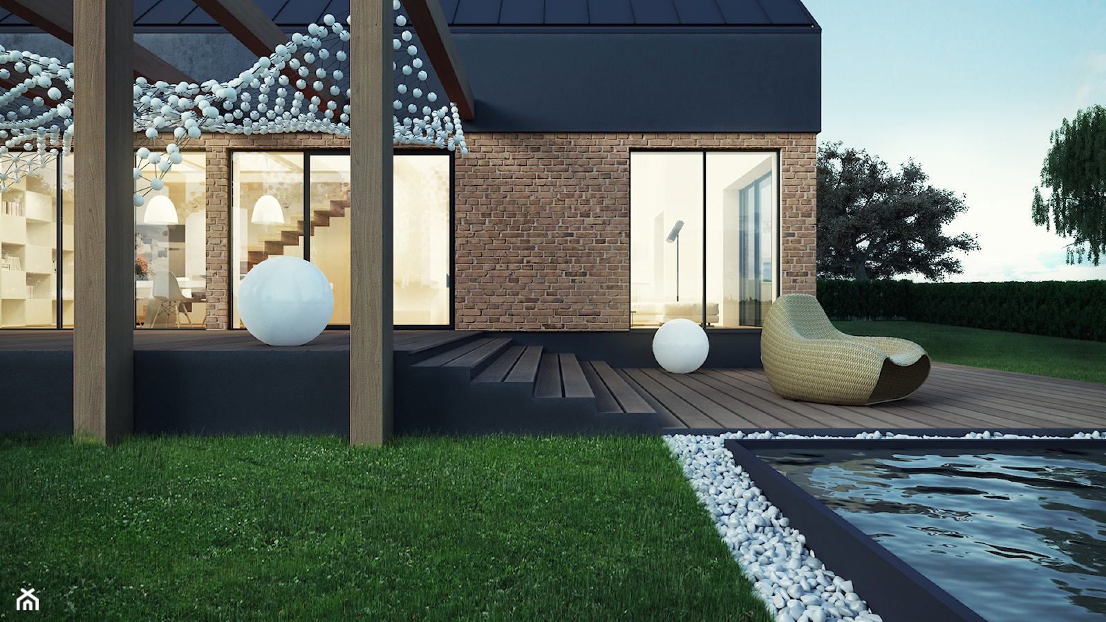 Dom w stylu skandynawskim - Średni z lampami stojącymi ogród za domem z basenem - zdjęcie od FORMAarchitekci - Homebook
