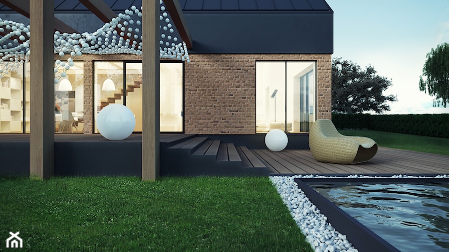 Dom w stylu skandynawskim - Średni z lampami stojącymi ogród za domem z basenem - zdjęcie od FORMAarchitekci