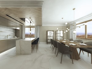 Apartament w Orłowie - Duża z salonem beżowa biała z zabudowaną lodówką z podblatowym zlewozmywakiem kuchnia jednorzędowa z wyspą lub półwyspem z oknem, styl nowoczesny - zdjęcie od METEOR