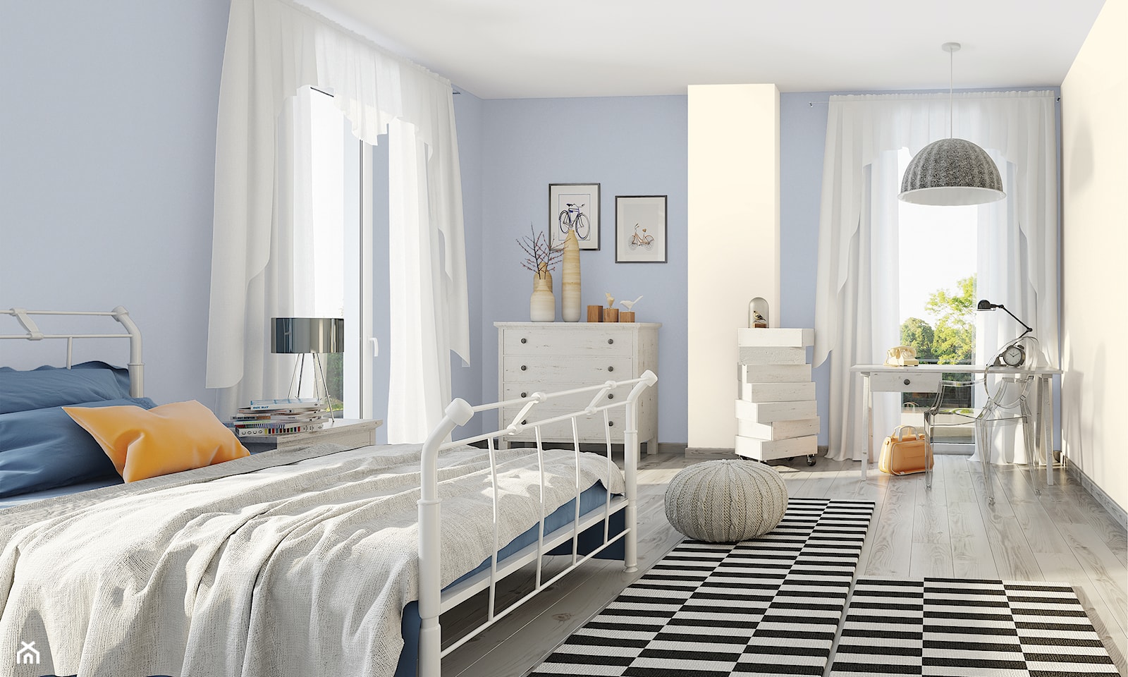 Aranżacje - sypialnia - Duża niebieska żółta z biurkiem sypialnia z balkonem / tarasem, styl prowansalski - zdjęcie od Magnat Magia Szlachetnych Barw - Homebook