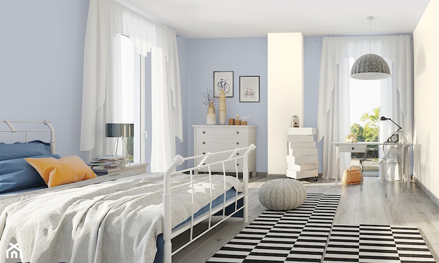 Aranżacje - sypialnia - Duża niebieska żółta z biurkiem sypialnia z balkonem / tarasem, styl prowansalski - zdjęcie od Magnat Magia Szlachetnych Barw