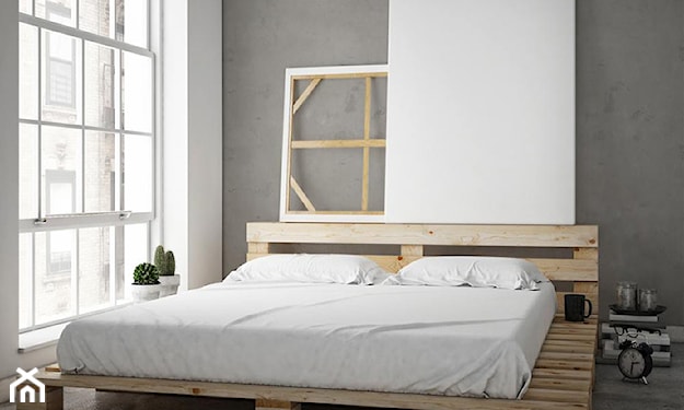 minimalistyczna sypialnia, meble z palet, betonowa ściana