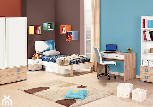 Aranżacje - pokój dziecka - Średni brązowy pomarańczowy niebieski pokój dziecka dla nastolatka dla chłopca, styl nowoczesny - zdjęcie od Magnat Magia Szlachetnych Barw