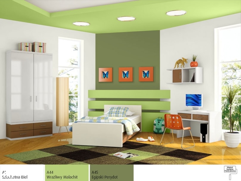zielono-biały pokój dziecka, złota lampa podłogowa, biała szafa, dywan w zielono-czarne kwadraty