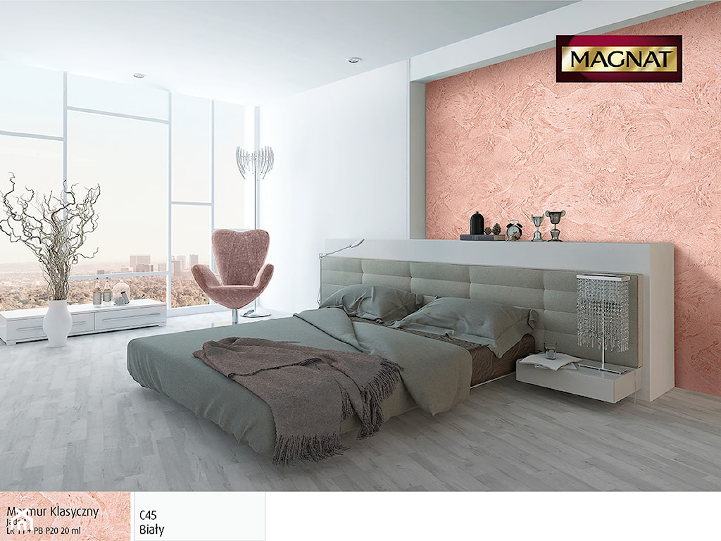 różowa ściana w sypialni wykończona marmurem klasycznym magnat