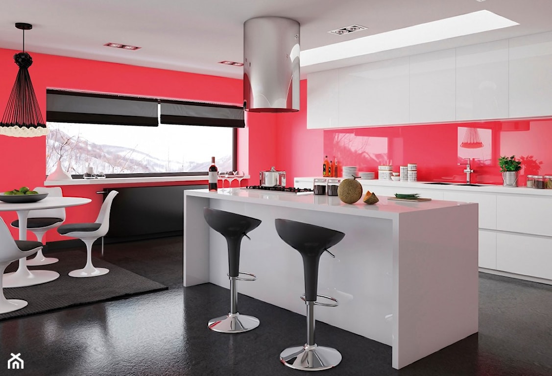 czerwona kuchnia z wyspą, czerwone ściany w kuchni,  farba do malowania kuchni, czerwona farba do kuchni, plamoodporna farba do kuchni