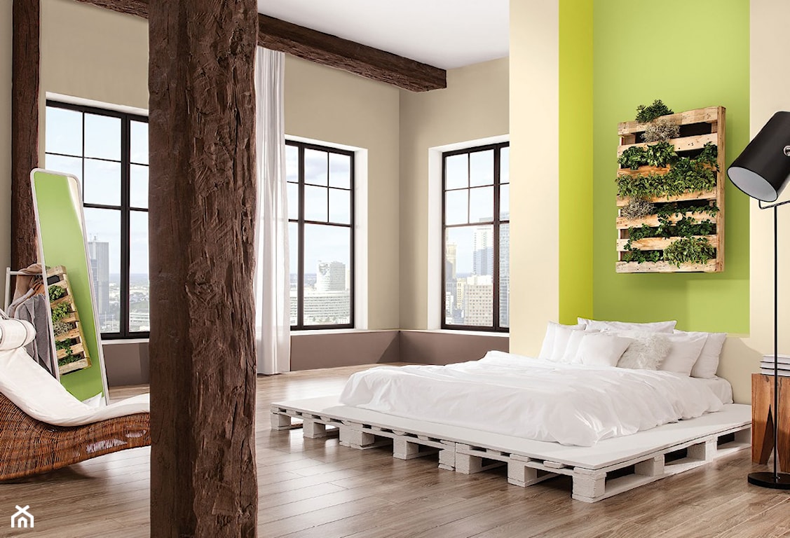 sypialnia z zieloną ścianą, beżowo-zielona sypialnia, zieleń w sypialni