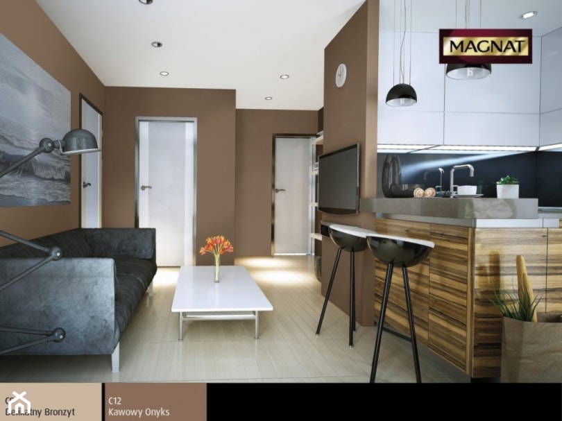 Aranżacje - Średni brązowy salon z kuchnią z jadalnią, styl industrialny - zdjęcie od Magnat Magia Szlachetnych Barw
