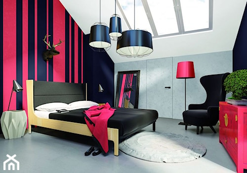 Aranżacje - Średnia czarna czerwona szara sypialnia na poddaszu, styl nowoczesny - zdjęcie od Magnat Magia Szlachetnych Barw