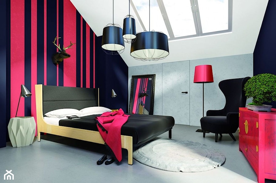 Aranżacje - Średnia czarna czerwona szara sypialnia na poddaszu, styl nowoczesny - zdjęcie od Magnat Magia Szlachetnych Barw
