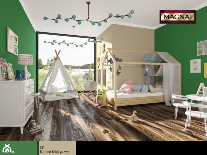 zielone ściany i namiot w pokoju dziecka