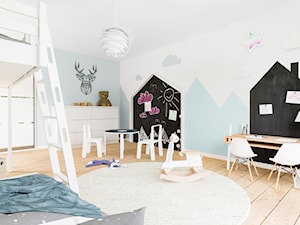 Aranżacje - pokój dziecka - Duży biały czarny niebieski pokój dziecka dla dziecka dla rodzeństwa, styl skandynawski - zdjęcie od Magnat Magia Szlachetnych Barw