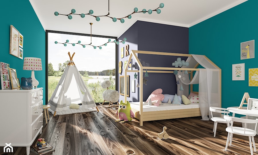 Aranżacje - pokój dziecka - Duży niebieski turkusowy pokój dziecka dla dziecka dla dziewczynki, styl skandynawski - zdjęcie od Magnat Magia Szlachetnych Barw