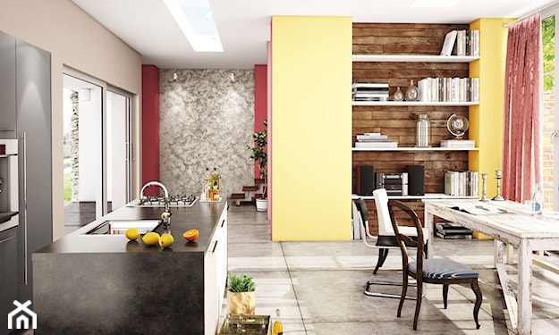 żółto czerwone ściany w kuchni, łączenie kolorów żółty i czerwony, kolorowa kuchnia, żółta kuchnia