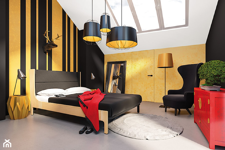 Aranżacje - Średnia duża czarna żółta sypialnia na poddaszu - zdjęcie od Magnat Magia Szlachetnych Barw