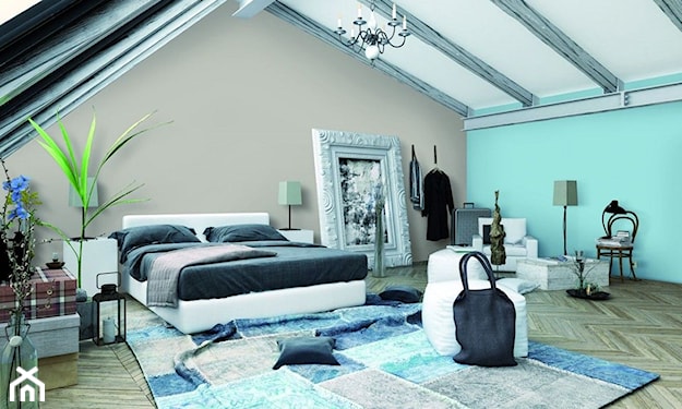 sypialnia z błękitną ścianą, błękitne i szare ściany w sypialni