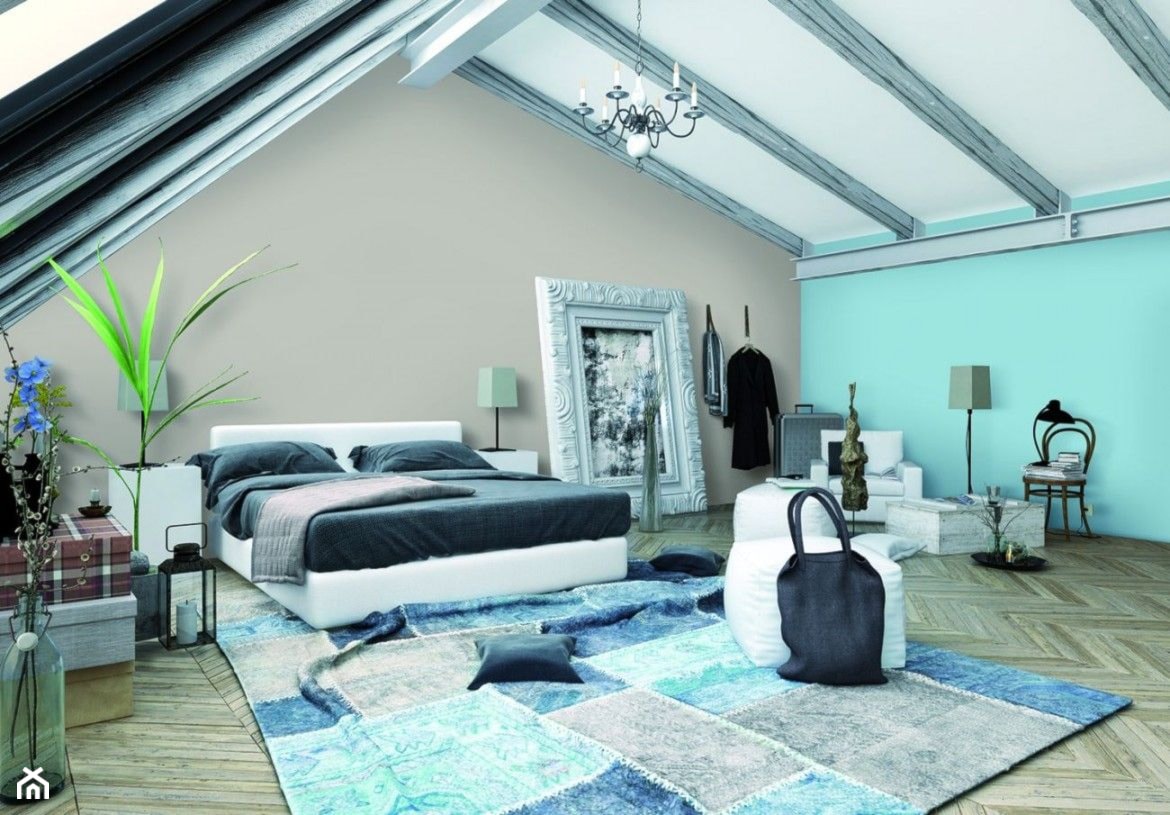 Duża beżowa niebieska sypialnia na poddaszu, styl vintage - zdjęcie od Magnat Magia Szlachetnych Barw - Homebook