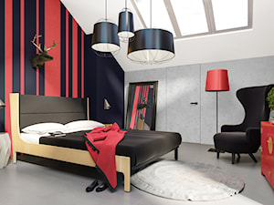 Aranżacje - sypialnia - Duża szara czerwona czarna sypialnia małżeńska na poddaszu, styl nowoczesny - zdjęcie od Magnat Magia Szlachetnych Barw