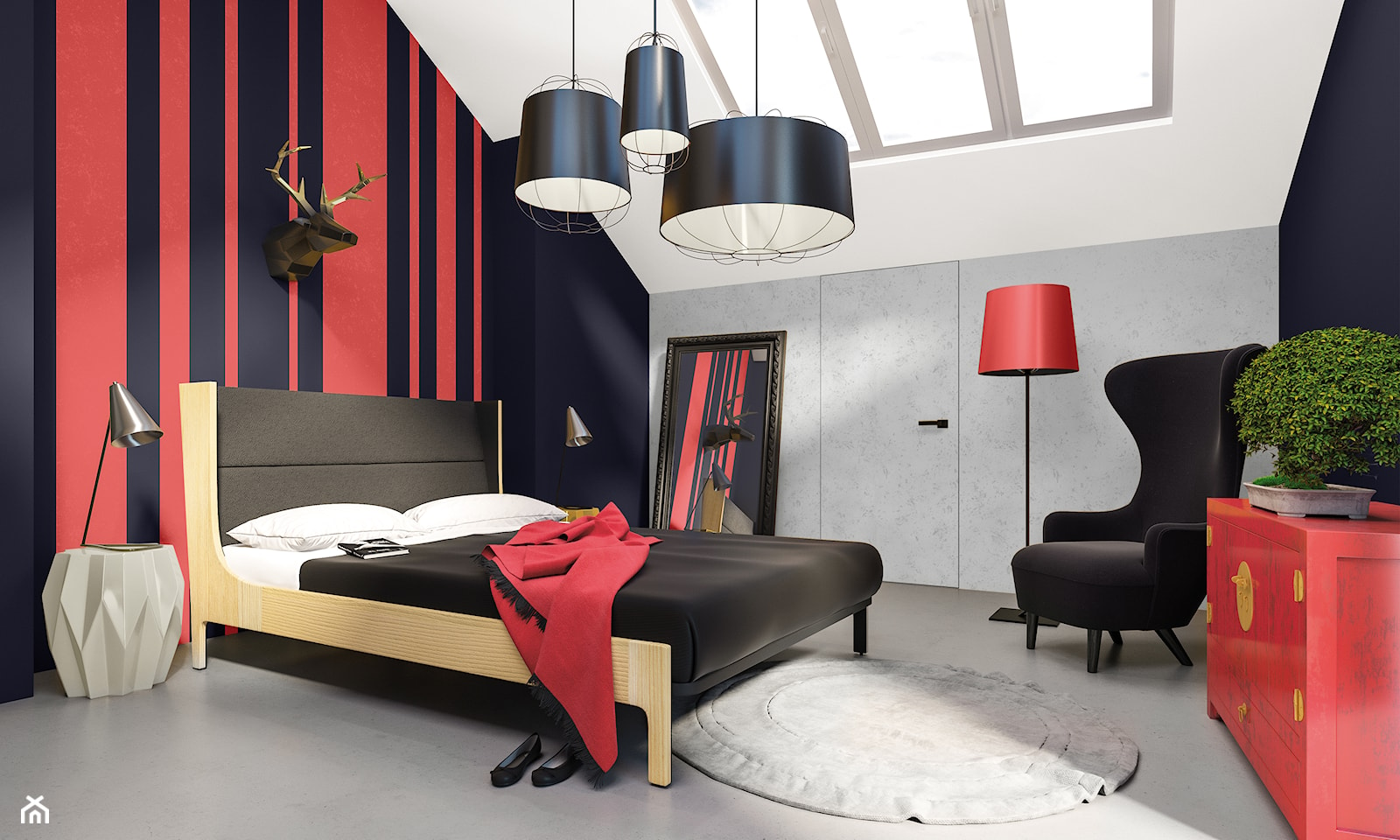Aranżacje - sypialnia - Duża czarna czerwona szara sypialnia na poddaszu, styl nowoczesny - zdjęcie od Magnat Magia Szlachetnych Barw - Homebook