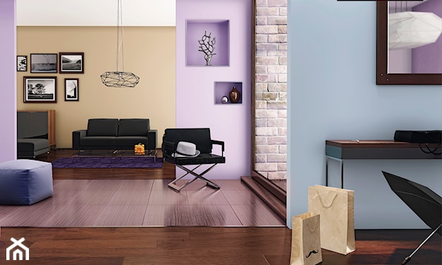 drewniana podłoga, błękitna ściana, fioletowa ściana