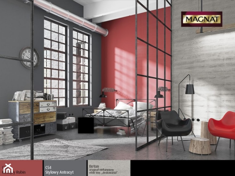 szary pokój w stylu industrialnym z czerwonymi akcentami