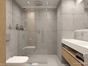 Nowoczesna łazienka - minimalistyczna aranżacja z betonem architektonicznym i umywalką podwójną na miarę - zdjęcie od Luxum