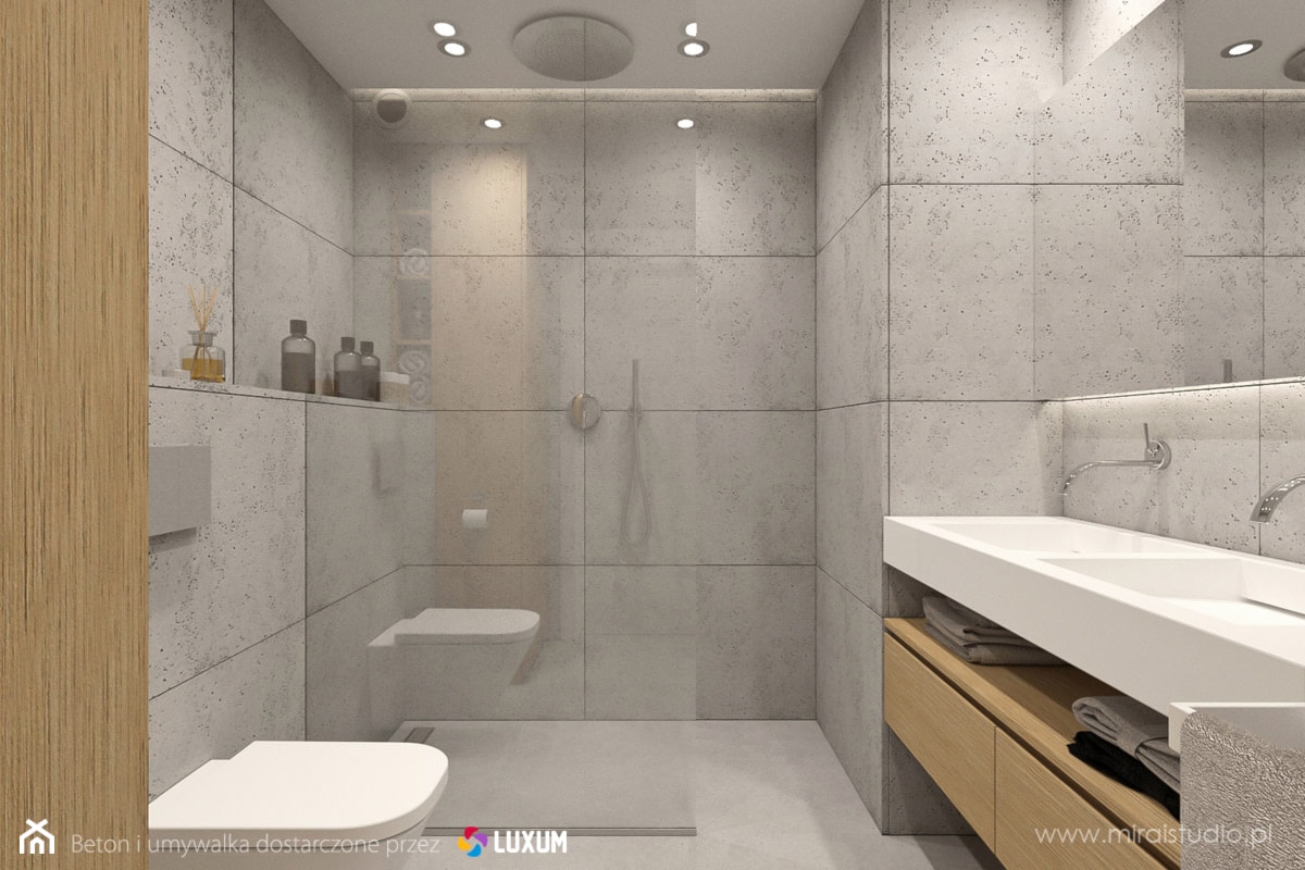 Nowoczesna łazienka - minimalistyczna aranżacja z betonem architektonicznym i umywalką podwójną na miarę - zdjęcie od Luxum - Homebook