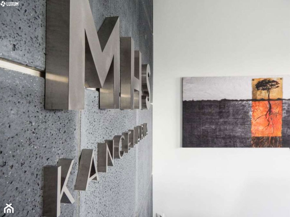 Wnętrze biurowe z okładziną z paneli betonowych na ścianach. - Małe szare biuro, styl nowoczesny - zdjęcie od Luxum - Homebook