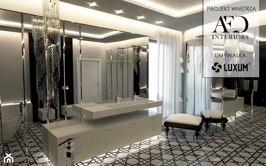 Elegancka łazienka w stylu glamour. - Duża jako pokój kąpielowy z dwoma umywalkami z punktowym oświetleniem łazienka z oknem, styl glamour - zdjęcie od Luxum