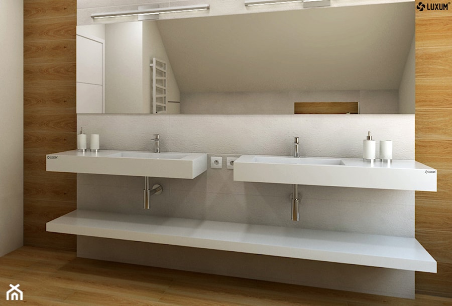 Dwie umywalki z odpływami liniowymi i praktycznym blatem. - Łazienka, styl nowoczesny - zdjęcie od Luxum