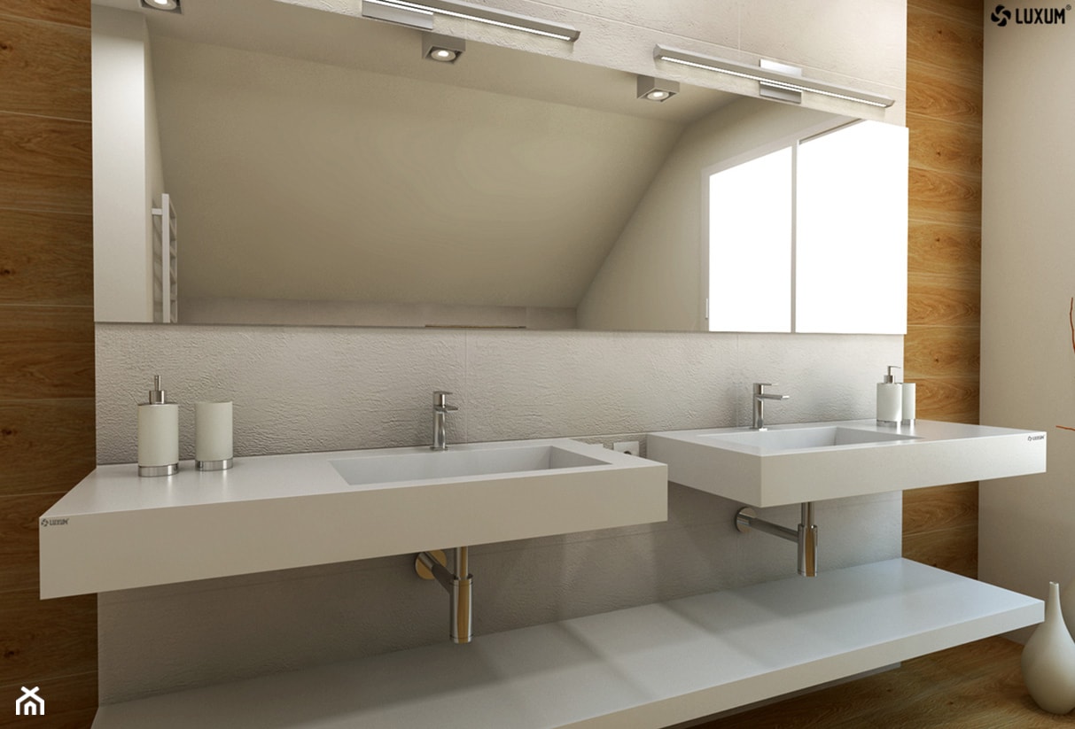Dwie umywalki z odpływami liniowymi i praktycznym blatem. - Łazienka, styl nowoczesny - zdjęcie od Luxum - Homebook
